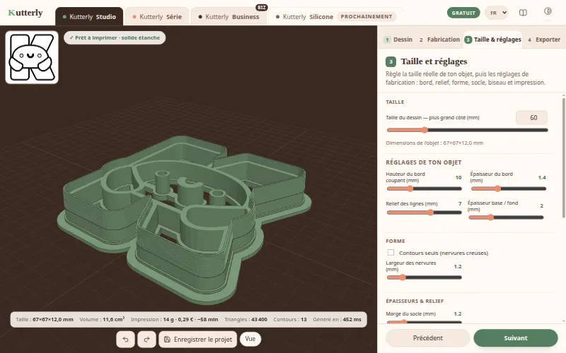 Kutterly Studio : le logo Kutterly transformé en emporte-pièce 3D, avec le réglage de la taille.